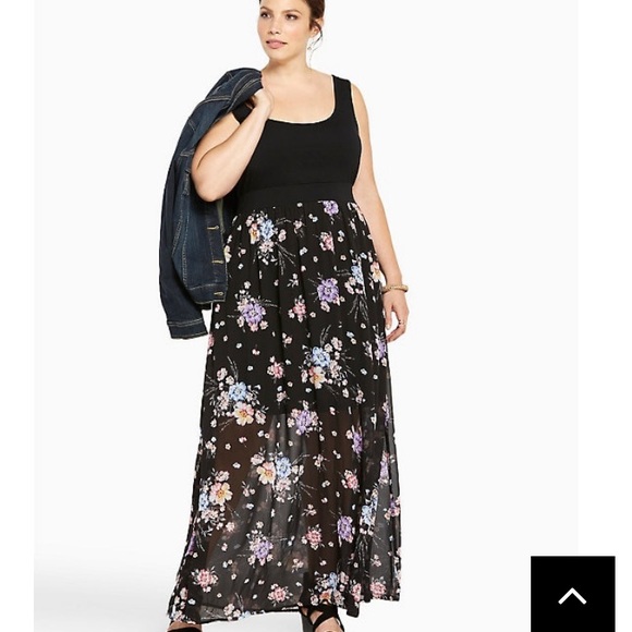 black top floral bottom maxi dress